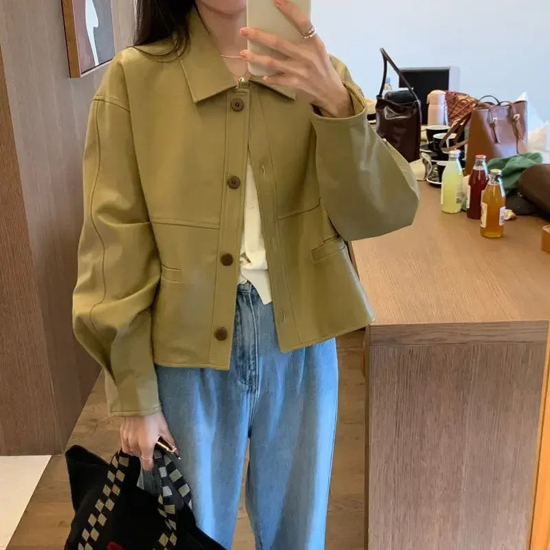 2024 Fashion Trend Cropped Leather Jacket Women High Street Black Punk PU Coat Streetwear Thin Vintage Casual Leather Blazers