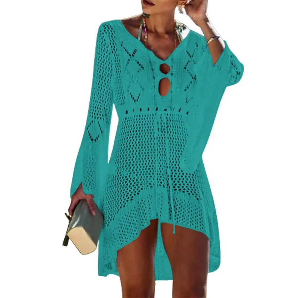 Sexy Women’s Bathing Suit Beach Cover Up Hollow Out Knitted Women Flared Sleeves Solid Color Beach Dress saida de praia