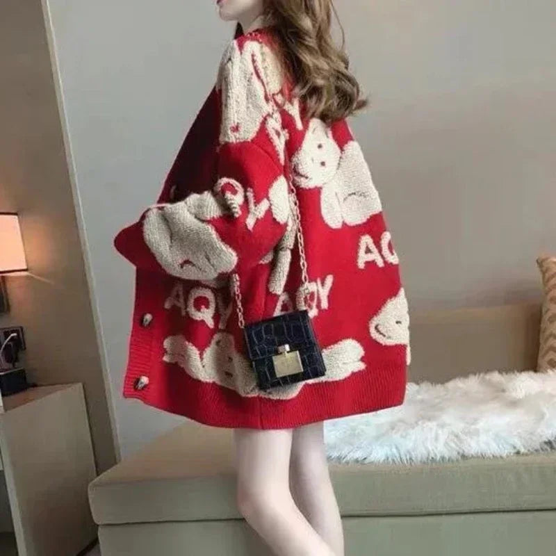 Long Knit Tops for Woman Graphic Black Winter Button Cardigan Cute Women's Sweater Kawaii V-neck Korean Fashion Crochet Luxury