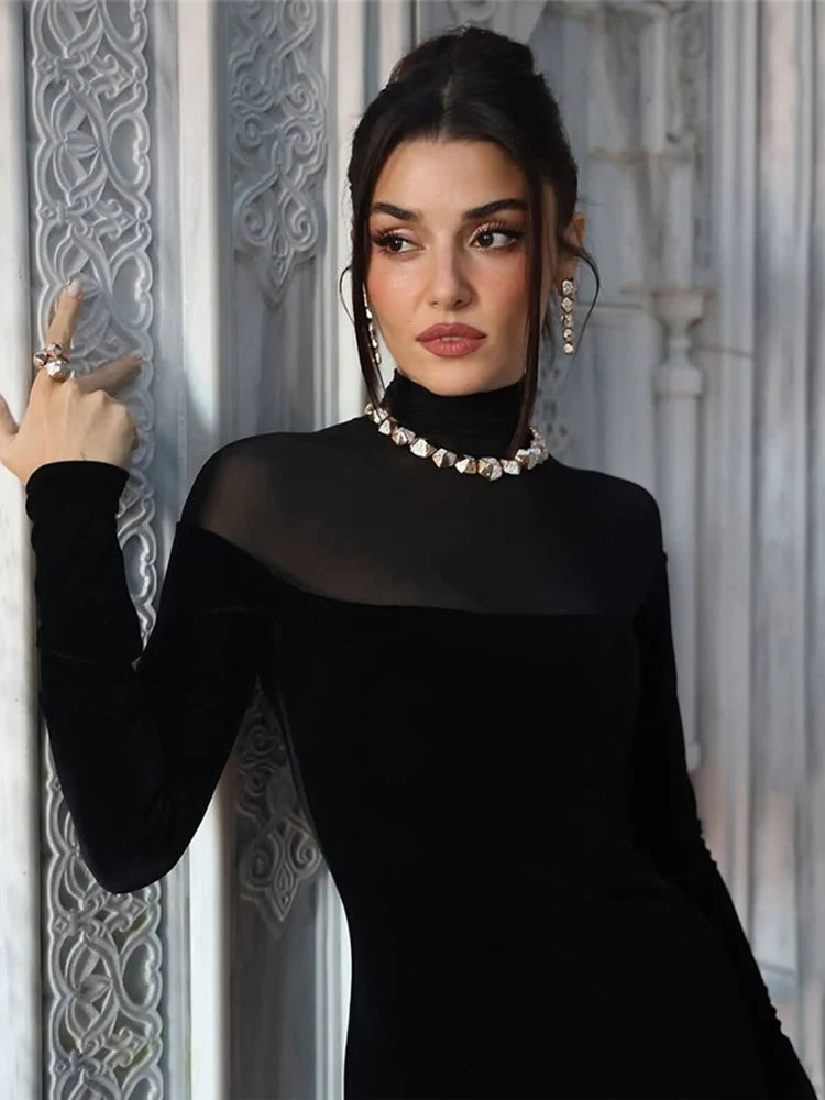 Nibber Full Sleeve Turtleneck Mesh Patchwork Long Dress Woman Elegant Velvet Slim High Waist Evening Prom Party Elegant Bodycon