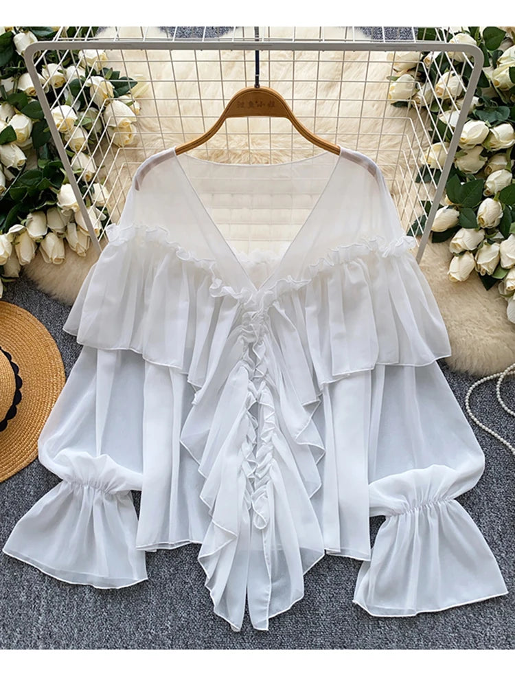 New Summer Autumn Women's Ruffle Splicing Horn Sleeve Chiffon Blouse Top Apricot Fashion Elegant Loose Blusa Feminina C313