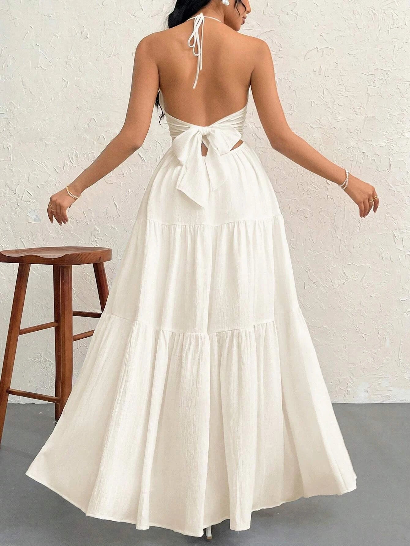 Off-Shoulder V-Neck Pleated Backless A-Line Summer Dress (Hawaii Beach / Tea Party / White Graduation Outfit)