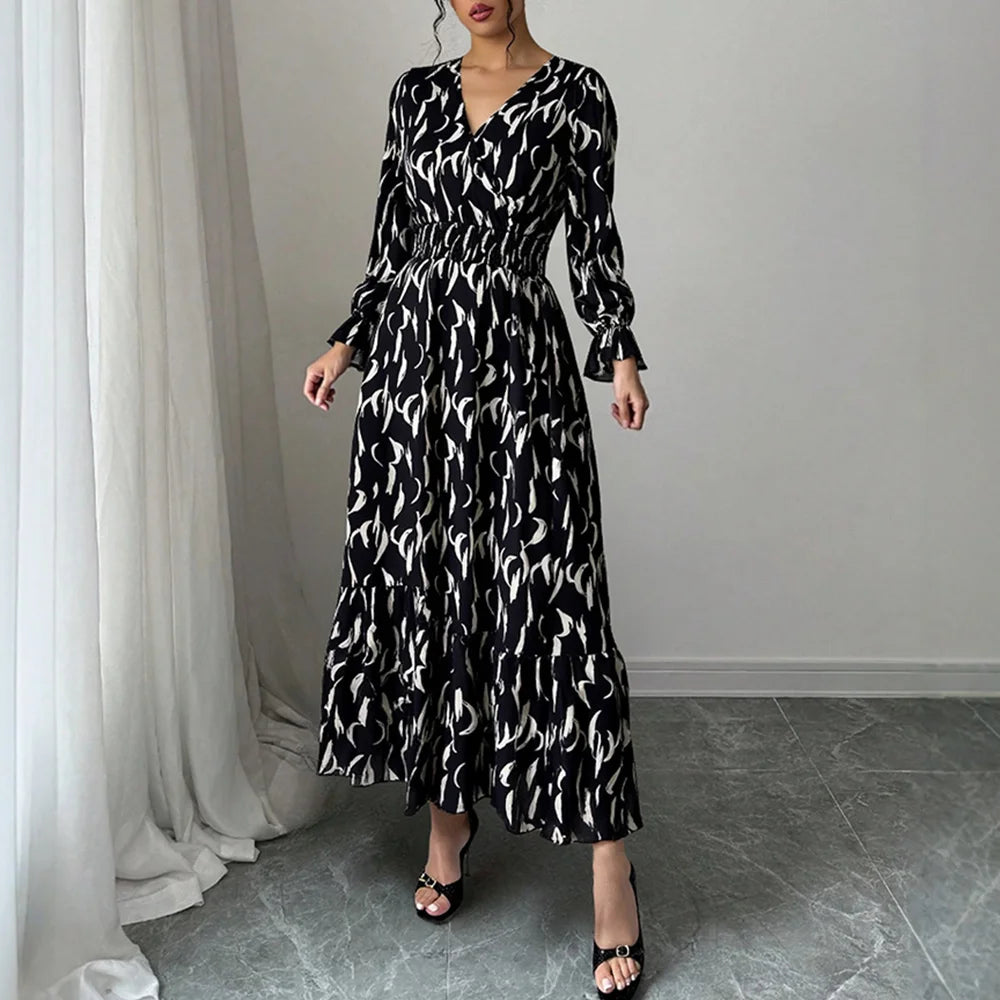 Mia Muse Dresses Summer Daily Casual Patchwork Long Sleeve V-Neck Fitted Waist Simple Maxi Dresses For Women