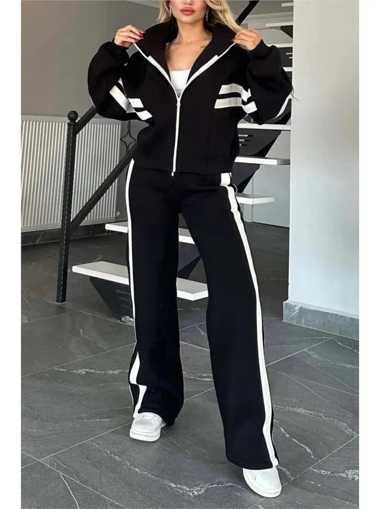 Fashion Long-sleeved Stand-up Collar Zipper Top + Wide-leg Pants 2-piece Set Women Autumn Striped Splicing Sport Suit Female Y2K