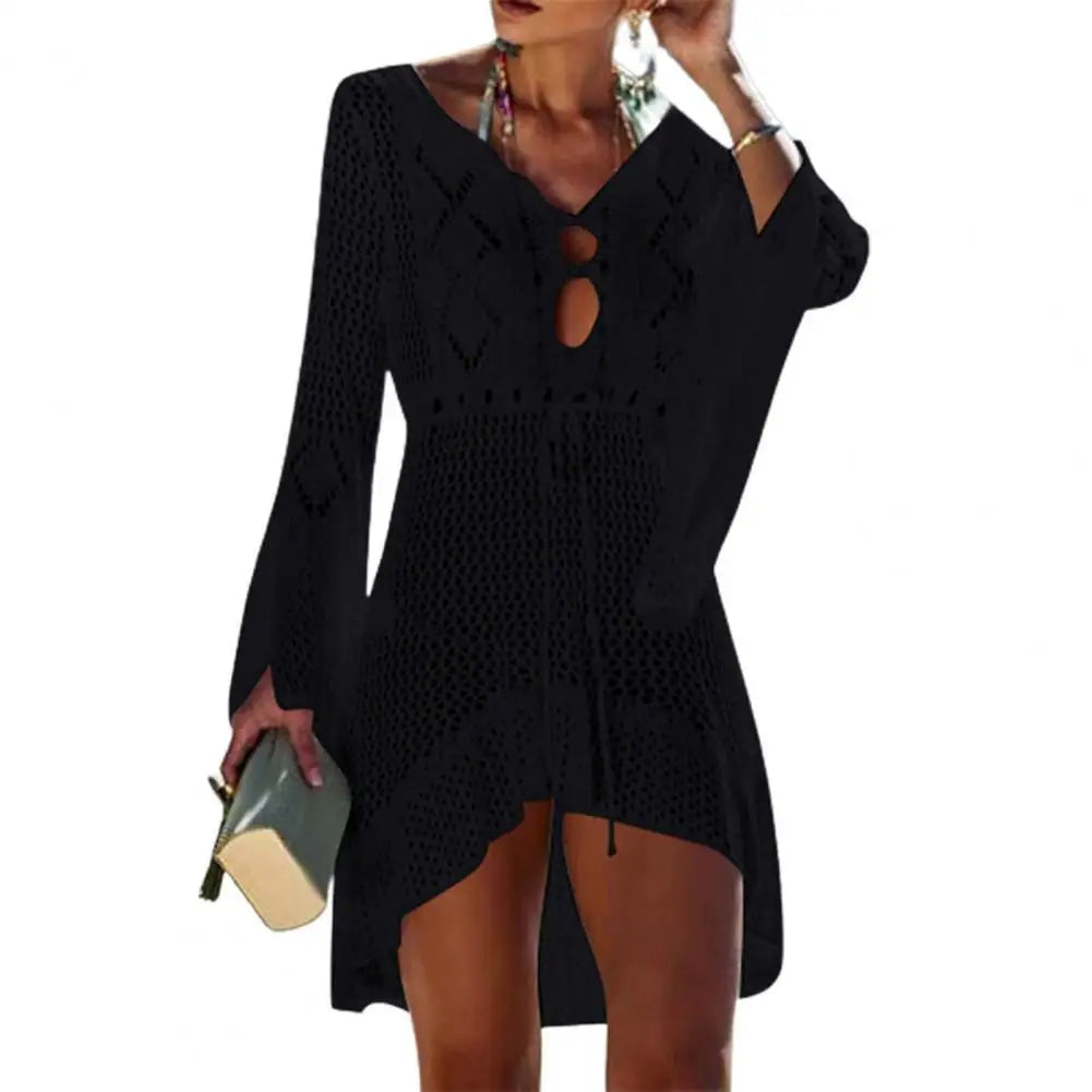 Sexy Women’s Bathing Suit Beach Cover Up Hollow Out Knitted Women Flared Sleeves Solid Color Beach Dress saida de praia
