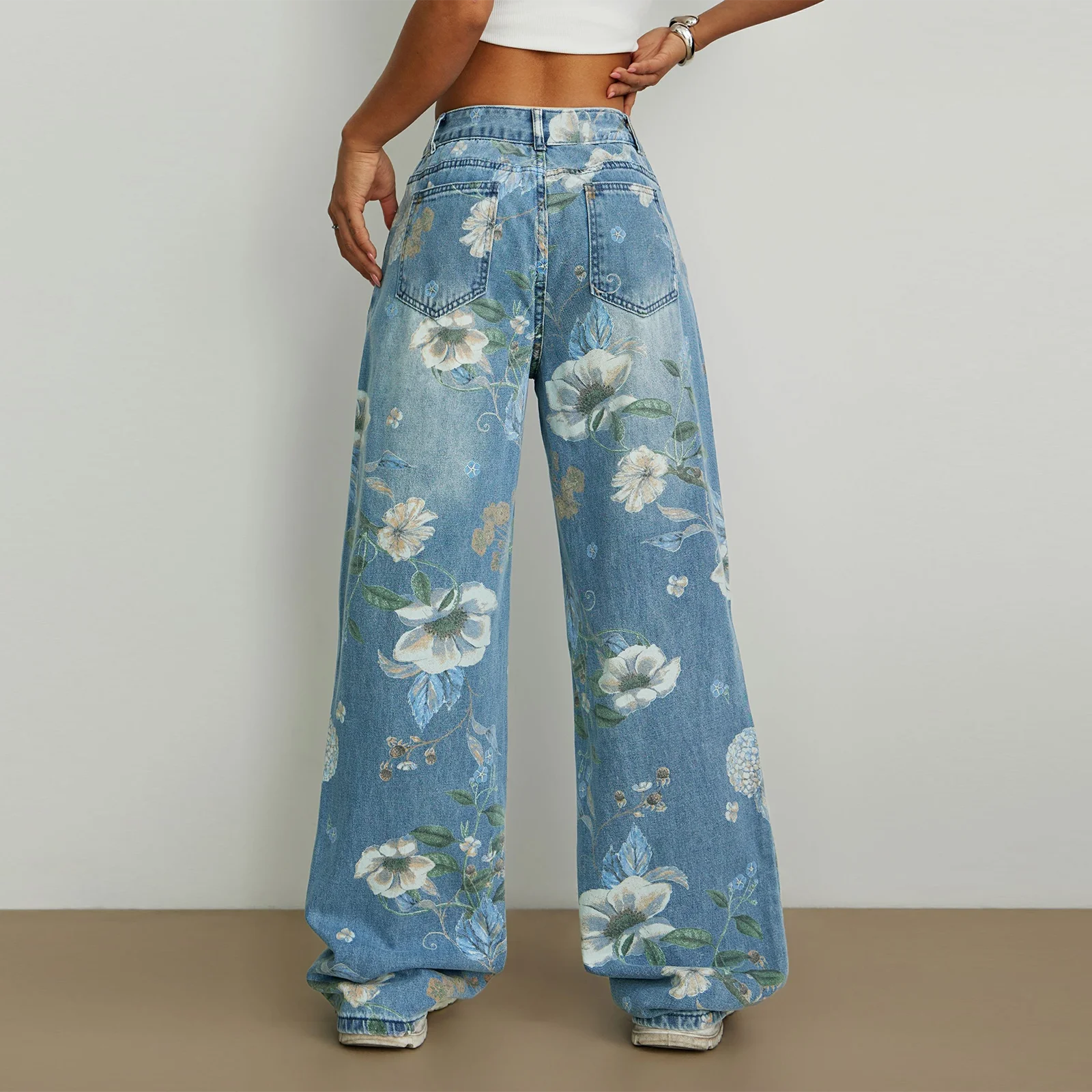 2025 New Y2K Women's Floral Print Denim Pants Lightweight Mid Waist Loose Wide Leg Jeans Trousers
