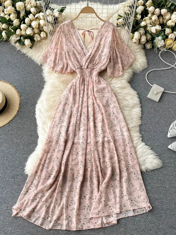 2025 Women Summer Dress Short Flare Sleeve V-neck Chiffon Maxi Dress Boho Style Floral Print High Waist A-line Beach Long Dress