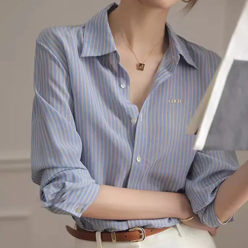 Long Sleeved Women's Shirt New Popular Classic High Grade Female Shirt Vintage Elegant Stripe Versatile Office Lady Fashion Tops