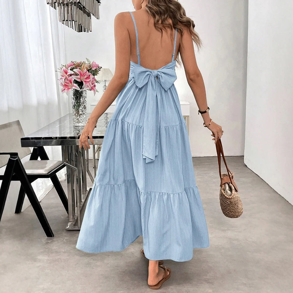 2025 Women's Summer Dresses Beach Style Plain Bowknot Backless Spaghetti Strap Scoop Neck Layered Midi Basics Dresses