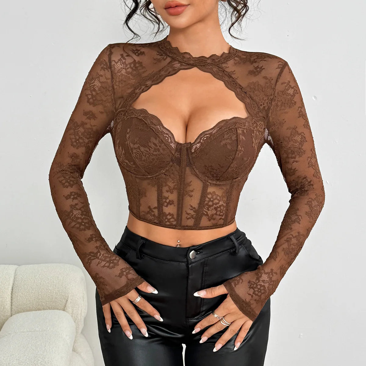 2025 Women T-Shirt Tops Casual Basic Solid Camis Slim Sexy Floral Lace Hollow Round Neck Long Sleeve See-Through Slimming Top