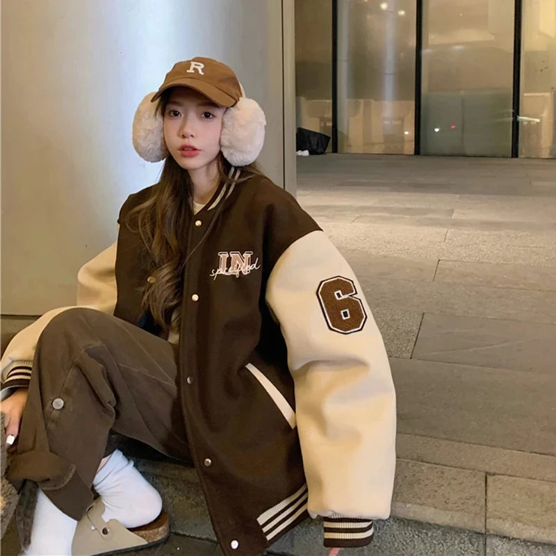 Women Red Brown Fashion Coat Vintage Baseball Jackets  Autumn Y2k Varsity Bomber Jacket Streetwear Outerwear Tide Hip Hop Fall