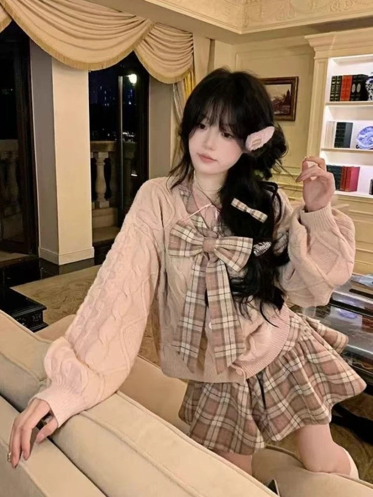 Korean College Style 2 Piece Set Sweet Bowknot Pink Sweater + Plaid Skirt Women  2025 New Autumn Winter Elegant Fashion Outfits