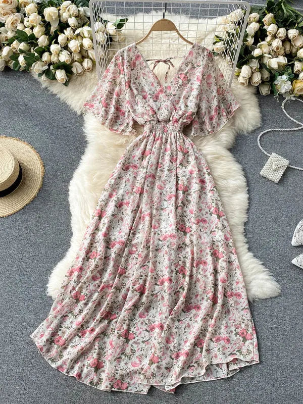 2025 Women Summer Dress Short Flare Sleeve V-neck Chiffon Maxi Dress Boho Style Floral Print High Waist A-line Beach Long Dress