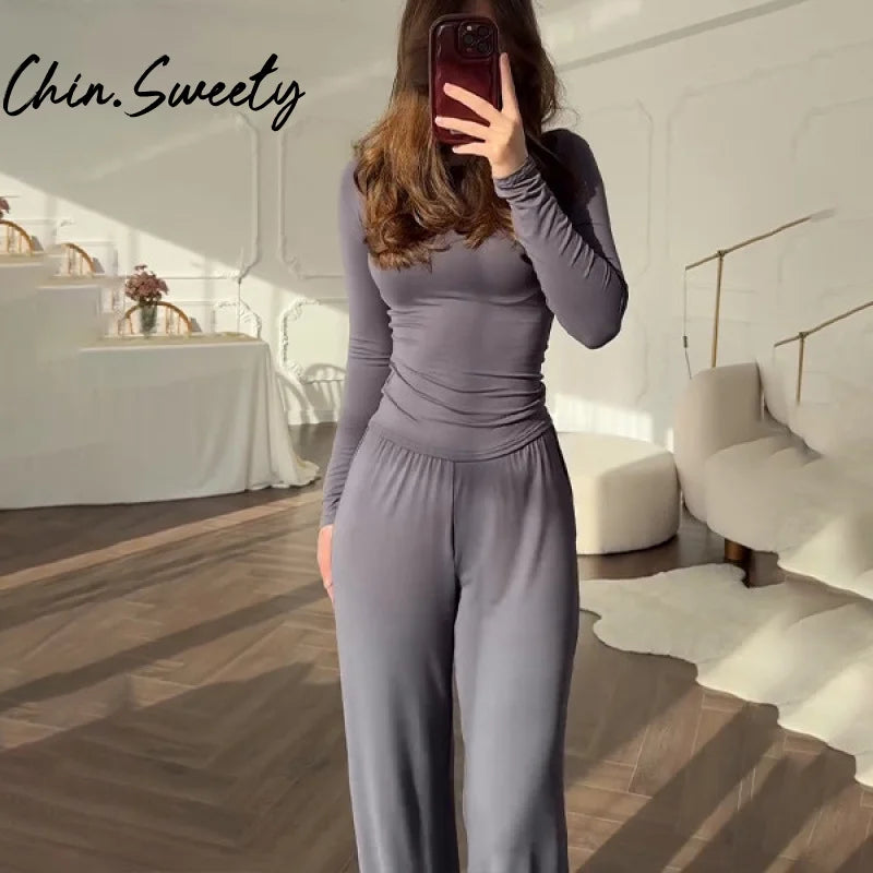 Solid Top Trousers Women Set Slim Long Sleeve O-neck Tops Pleated Straight Pocket Pants 2026 Spring Summer Vacation Lady Outfit