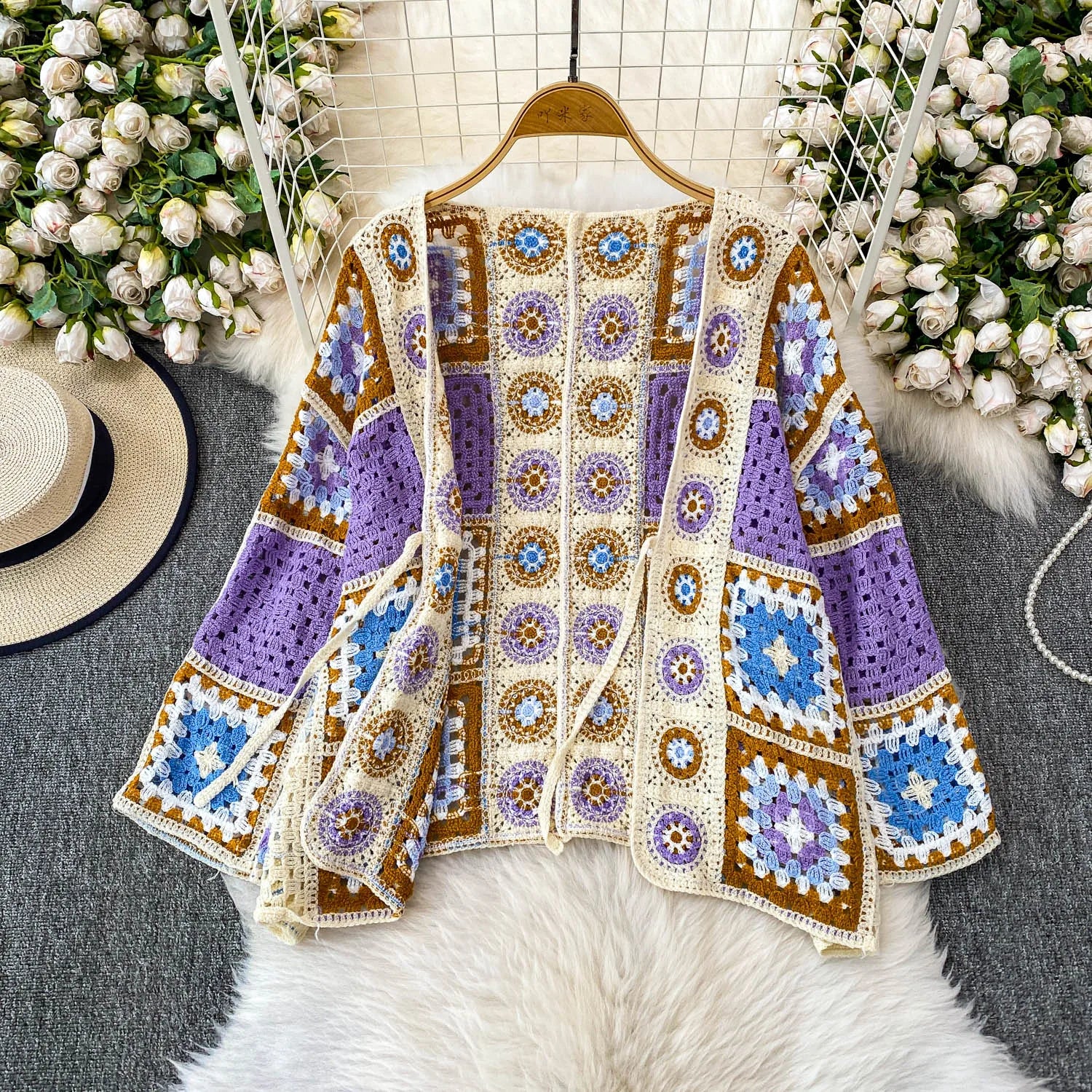 Granny Square Crochet Top Tie Front Cardigan Oversized Blouse Women Summer Beach Bikini Cover Up Bohemian Vacation Outfit