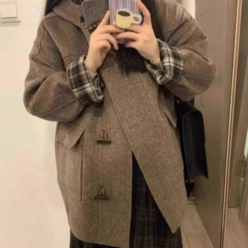 Wool Jackets Women Vintage Loose Casual Blends Autumn Winter Thick Korean Style Harajuku Hooded Ulzzang Classic Temperament 2024