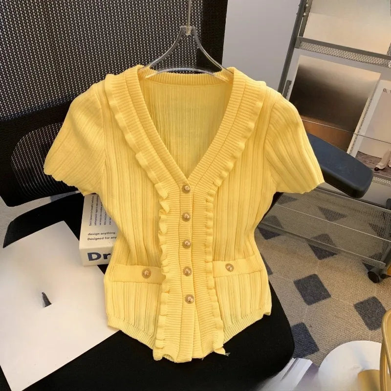Knitted T Shirt For Women Solid Ruffles Spring Summer V Neck Elegant Ropa De Mujer Single Breasted Sweet T-shirts