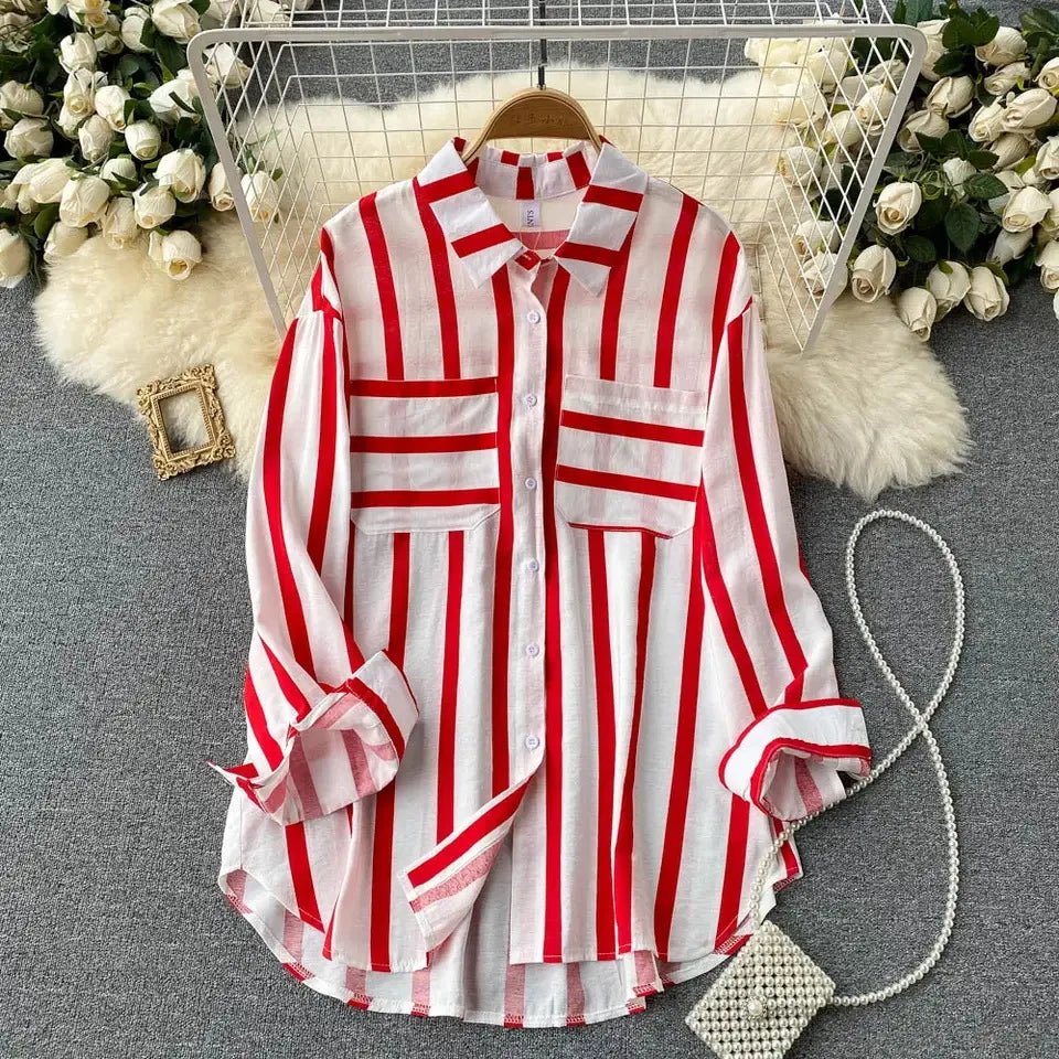 Striped Blouses Women Midi Shirt Single Breasted Cardigan Shirts Loose Turn Down Collar Spring Casual Button Streetwear