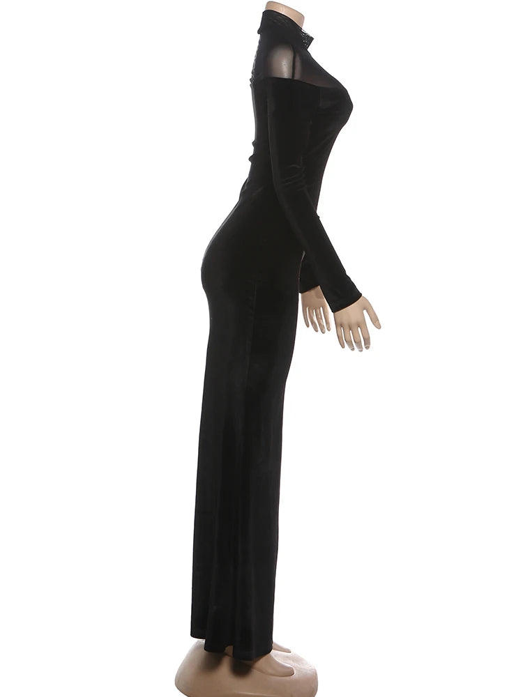 Nibber Full Sleeve Turtleneck Mesh Patchwork Long Dress Woman Elegant Velvet Slim High Waist Evening Prom Party Elegant Bodycon