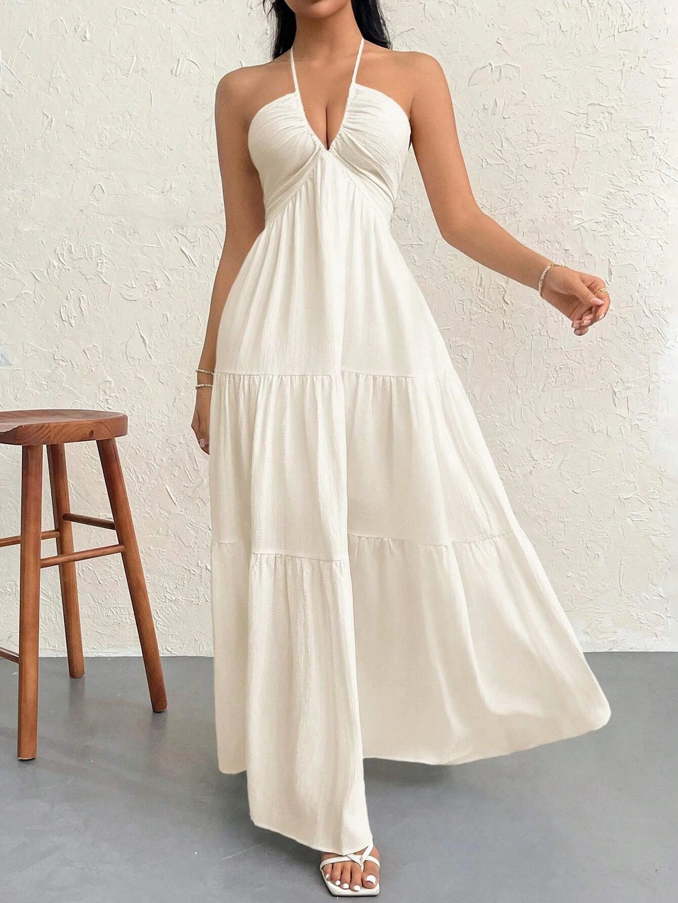 Off-Shoulder V-Neck Pleated Backless A-Line Summer Dress (Hawaii Beach / Tea Party / White Graduation Outfit)