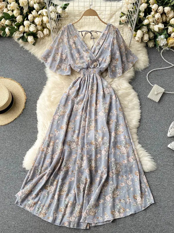 2025 Women Summer Dress Short Flare Sleeve V-neck Chiffon Maxi Dress Boho Style Floral Print High Waist A-line Beach Long Dress
