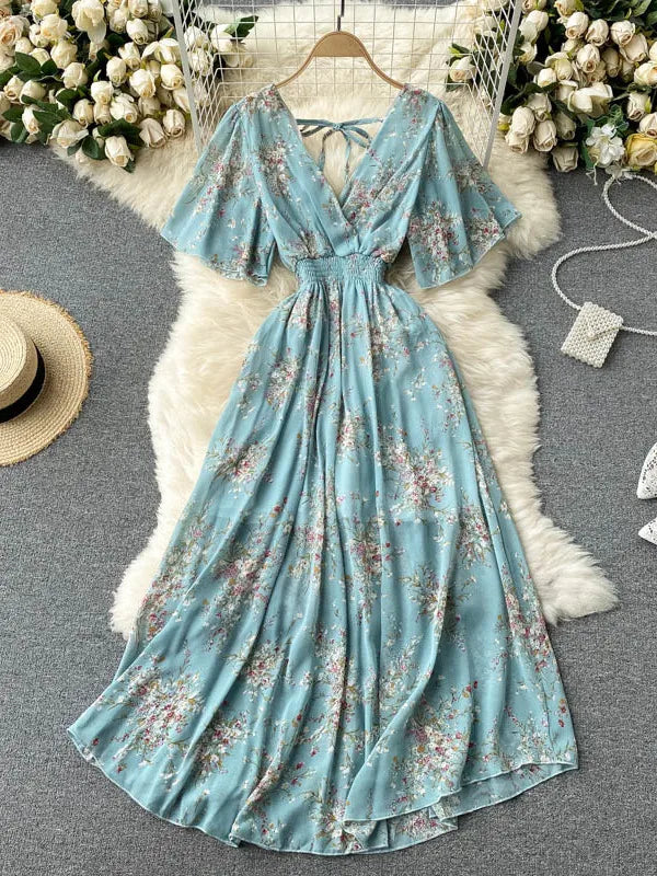 2025 Women Summer Dress Short Flare Sleeve V-neck Chiffon Maxi Dress Boho Style Floral Print High Waist A-line Beach Long Dress