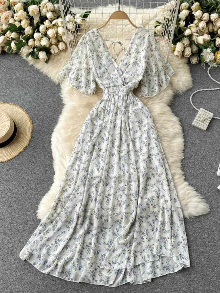 2025 Women Summer Dress Short Flare Sleeve V-neck Chiffon Maxi Dress Boho Style Floral Print High Waist A-line Beach Long Dress