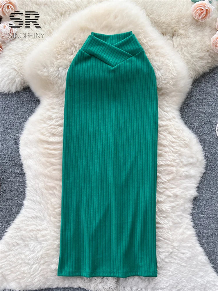 SINGREINY Soft Knit Long Skirt Women Autumn Elastic High Waist Solid Elegant Fashion 2023 Ladies Slim Casual Y2K Classic Skirt