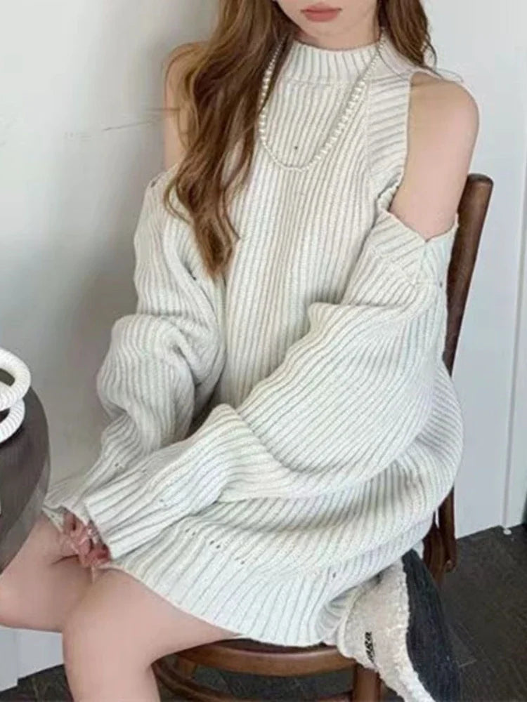 Women's Korean Fashion Knitted Sweater Autumn Winter High Collar Off-Shoulder Casual Loose Pullover Half Hanging Neck Design