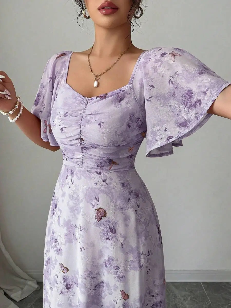 Women's Sweet French Style Mini Dress with Purple Butterfly Print, Batwing Sleeves & Back Zipper