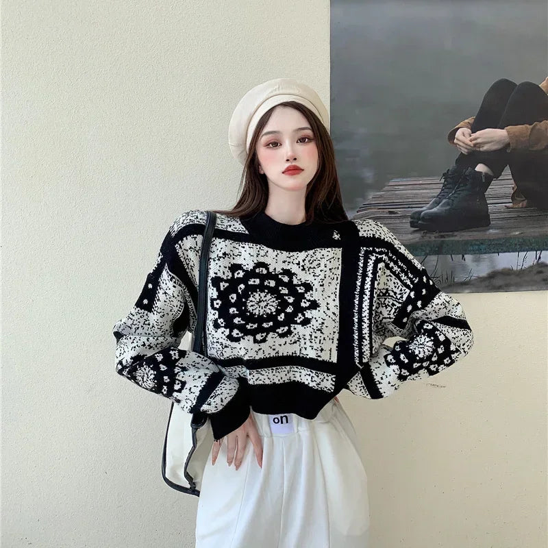 Women's Sweater Graphic Short Knit Tops for Woman Crop Pullovers Round O Neck Long Sleeve Crochet Korean Style Winter 2025 Sale