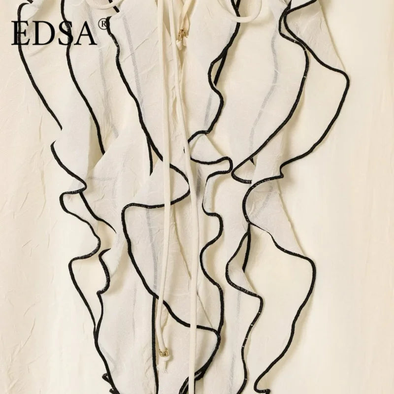 EDSA Women Vintage Semi-sheer Blouse with Ruffles Trims with Drawstring V-neck Long Sleeves Elasticated Cuffs Summer Shirt Tops