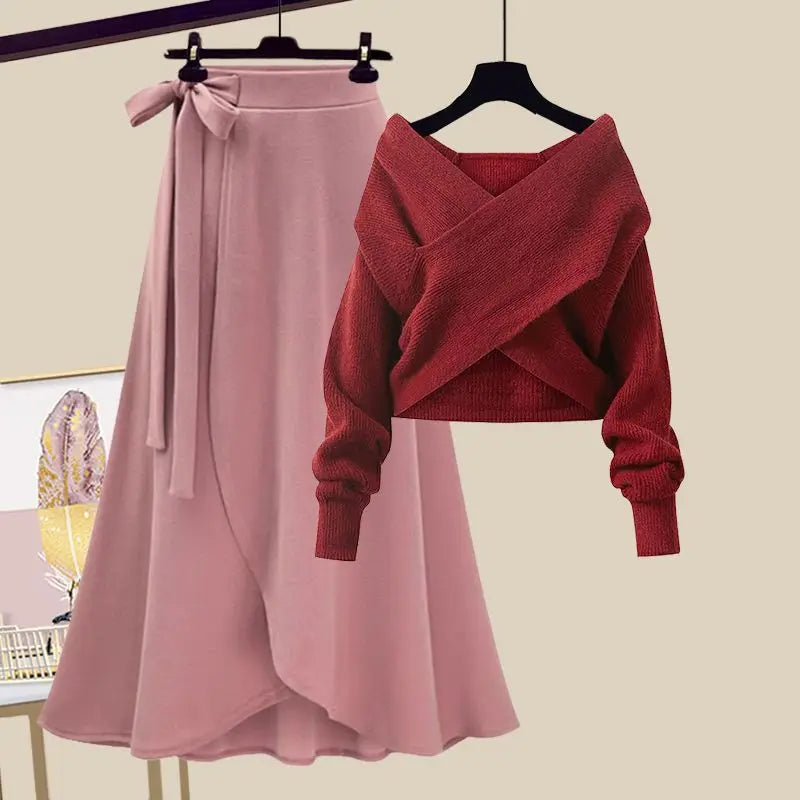 Spring/Summer Set Women's 2023 New Large Women's Korean Slim Cross Sweater High Waist Half Skirt Two Piece Set Fashion