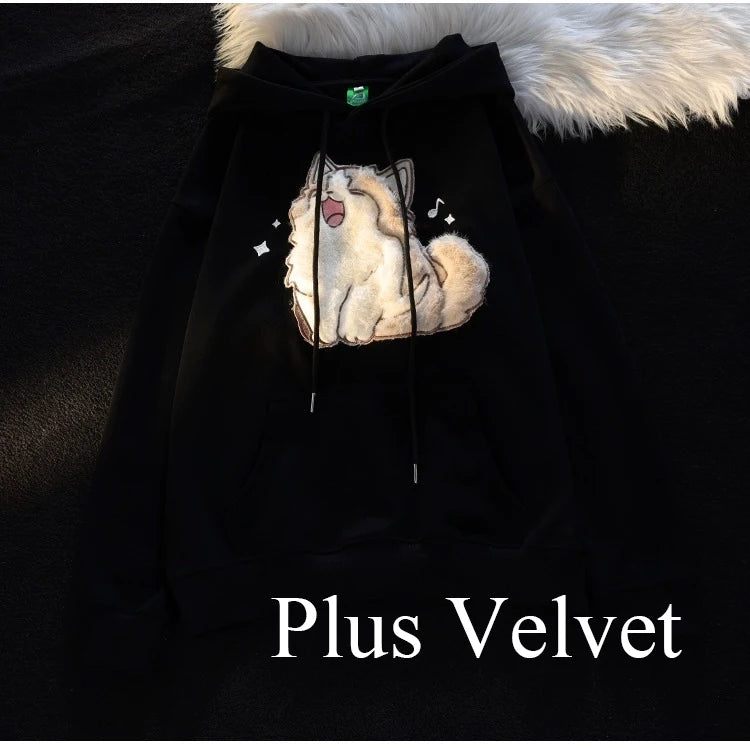 Korean Style Cat Print Pullover Hoodie Streetwear Embroidery Design Autumn Winter Cute Cartoon Loose Fit For Couples Men Women