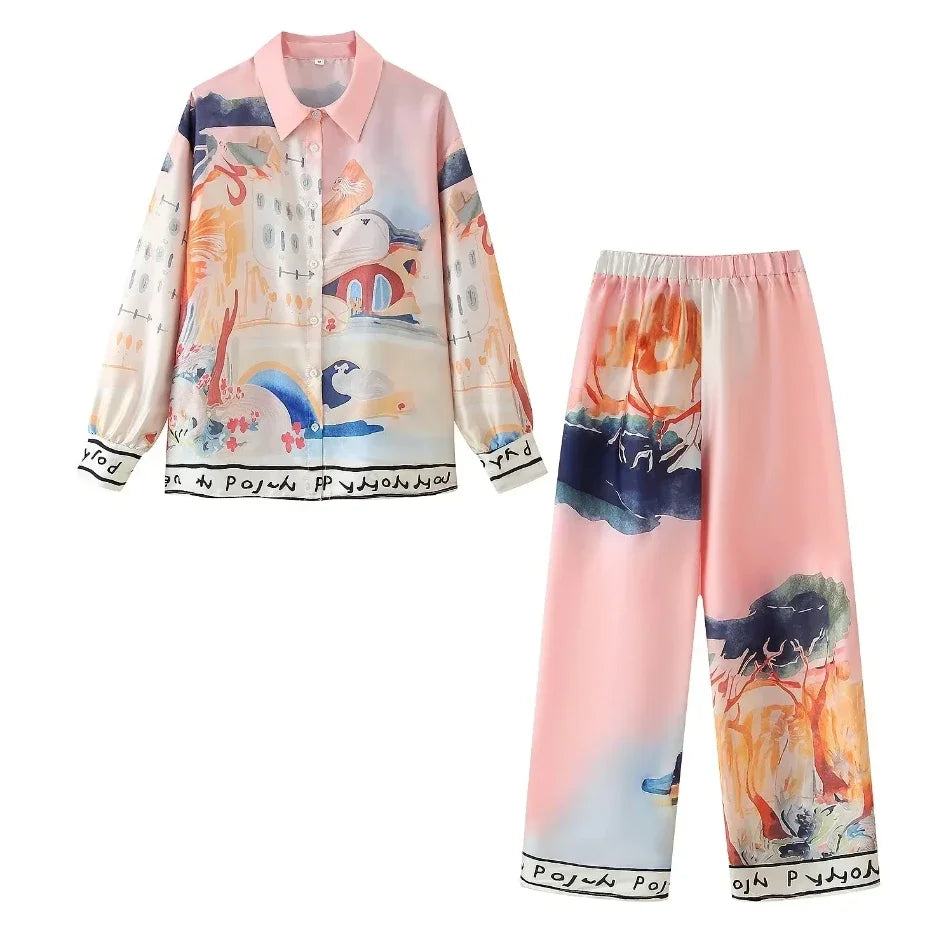 New Loose Long Sleeve Shirt Tops Set Daily Casual Woman's Outfit 2 Pieces Pant Set Fashion Printed Long Pants Sets For Women
