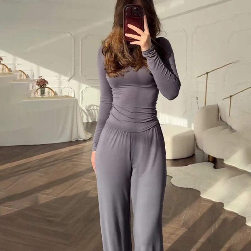 Solid Top Trousers Women Set Slim Long Sleeve O-neck Tops Pleated Straight Pocket Pants 2026 Spring Summer Vacation Lady Outfit