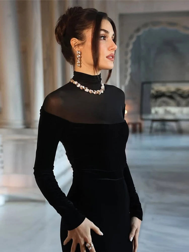 Nibber Full Sleeve Turtleneck Mesh Patchwork Long Dress Woman Elegant Velvet Slim High Waist Evening Prom Party Elegant Bodycon