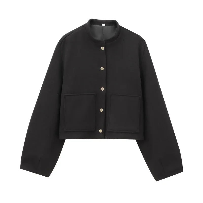 Short bomber jacket with patch pockets ETJ 2025 - New Product - 3D Cut and Loose Fit Long Sleeve Short Coat for Women