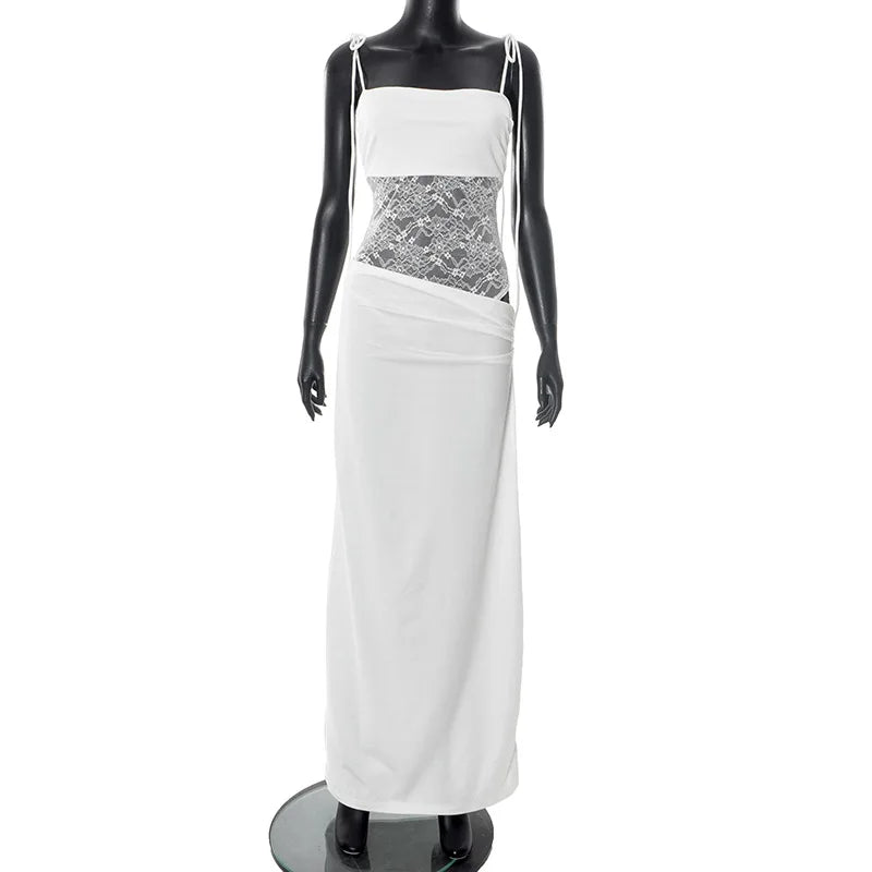 Spring/Summer Sleeveless Lace Splicing Slip Dress New Solid Color Suspender Strap Elegant Bodycon Sexy Party Evening Long Dress