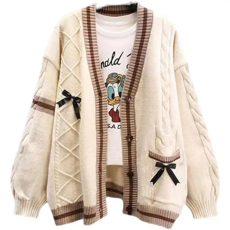 Japanese bow sweater jacket for women's autumn and winter new loose and trendy design knitted sweater