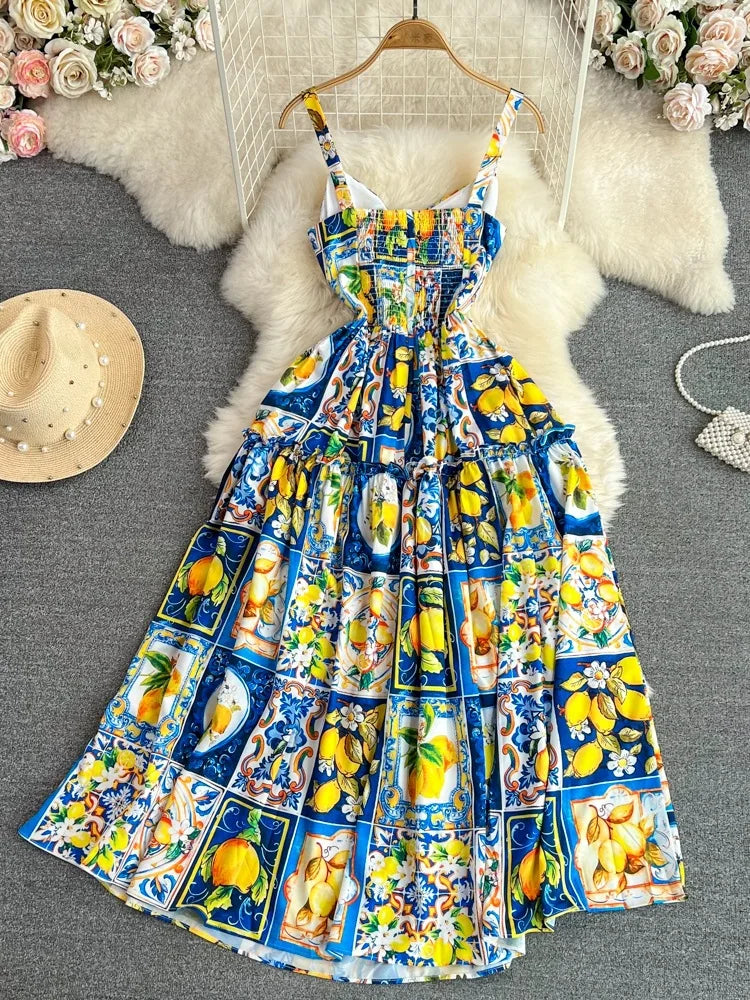 Beach Vacation Skirt with Suspended Strap Summer Gentle Wind, Waist Wrapped Sleeveless A-line Printed Dress Girl Dresses Leisure