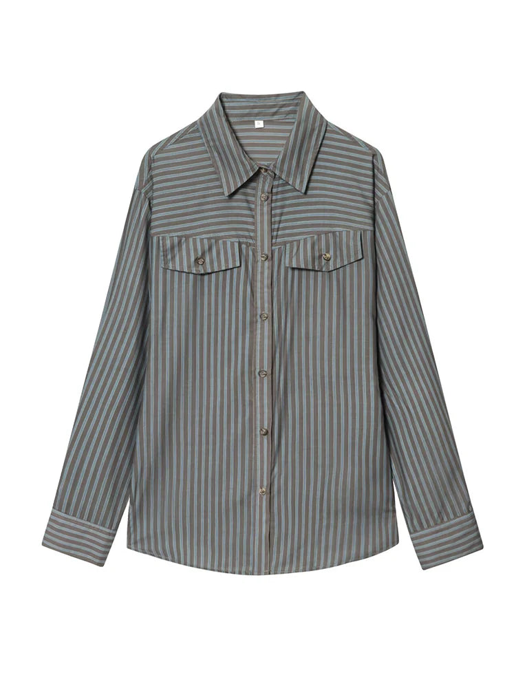 Women Fashion Stripe Printed Shirt New Elegant Lapel Long Sleeve Office Blouses Casual Pockets Decor Blouse Female Clothing