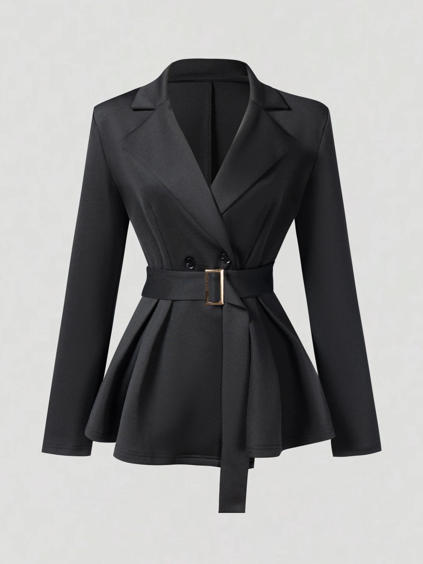 2025 Spring Autumn Women's New Black Waist-Cinched Blazer Sleek Elegant Style,Belted Waist, Ruffled Hem. Work/Business Commut