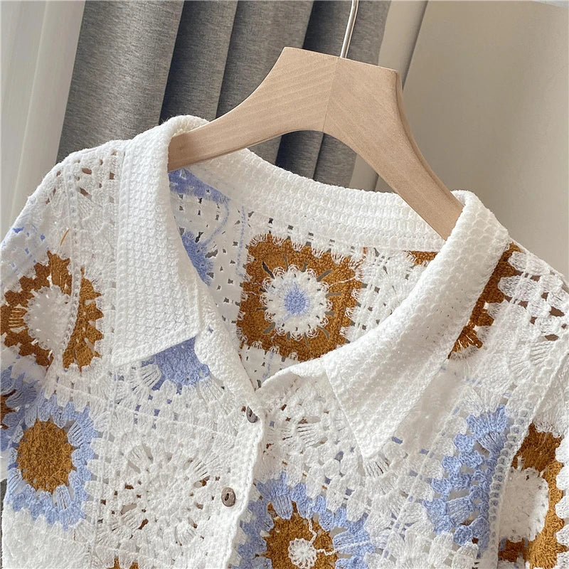 Granny Square Collared Button-up Crochet Top Short Sleeve Sheer Open-knit Crop Cardigan Women Summer Boho Vacation Outfit