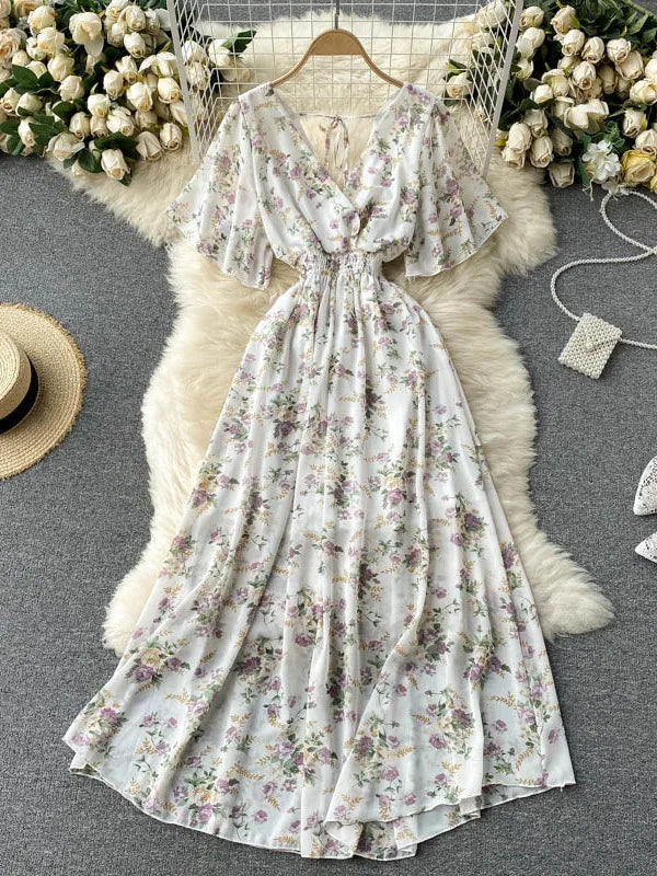 2025 Women Summer Dress Short Flare Sleeve V-neck Chiffon Maxi Dress Boho Style Floral Print High Waist A-line Beach Long Dress