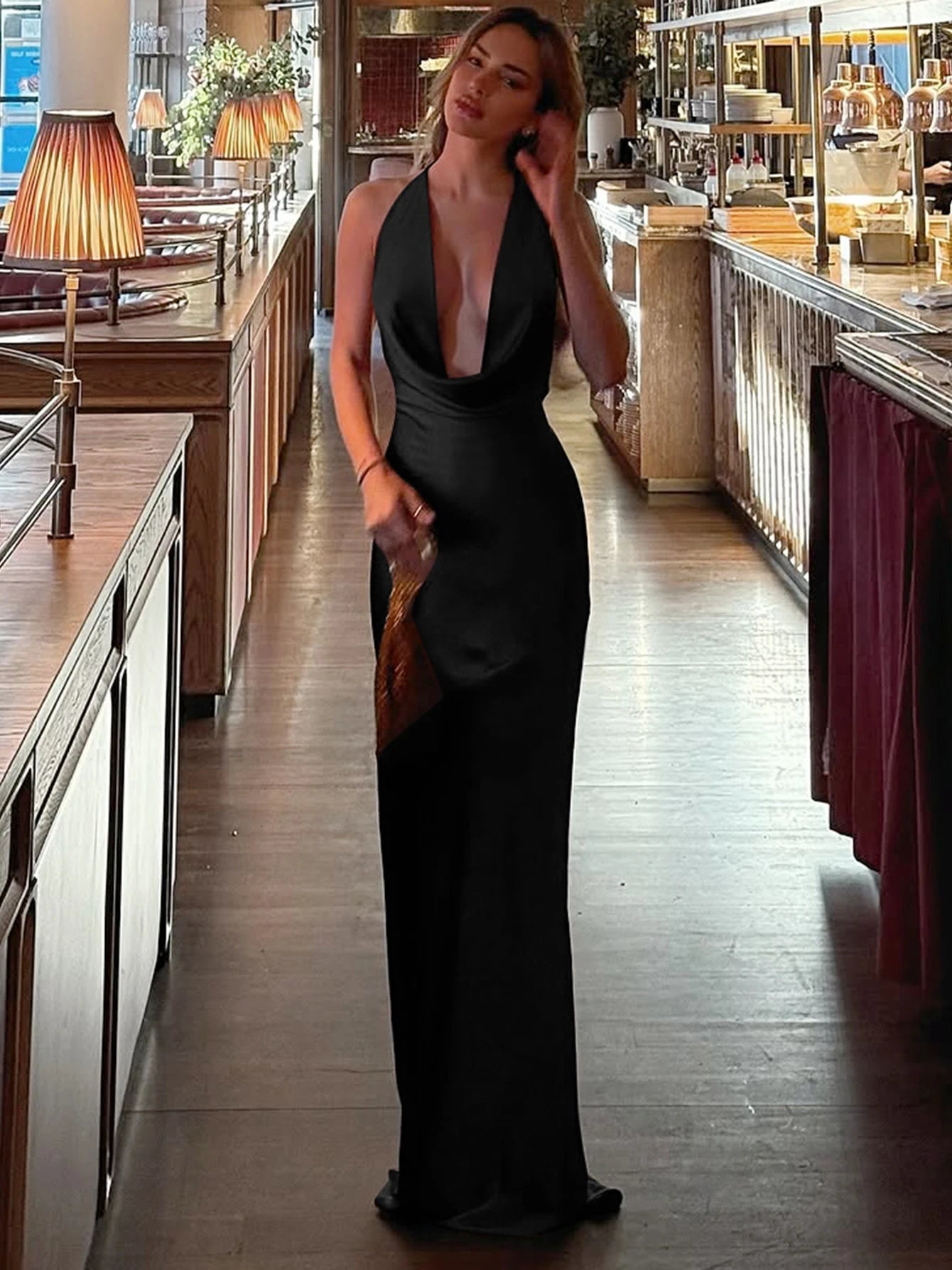 Dulzura Summer Latest Fashion Swinging Collar Backless Lace Up Slim Long Dress Women'S Sexy Elegant Dress Party Club Prom Outfit