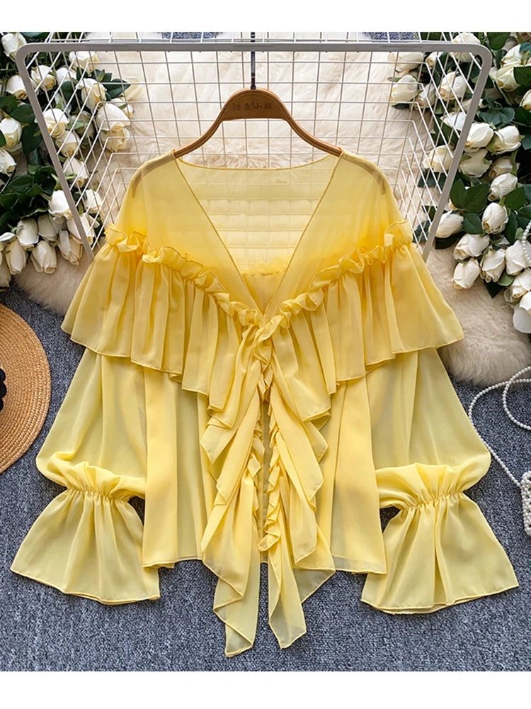 New Summer Autumn Women's Ruffle Splicing Horn Sleeve Chiffon Blouse Top Apricot Fashion Elegant Loose Blusa Feminina C313