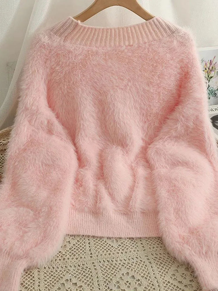 Korean Fashion Imitation Mink Sweater Cardigan Women Casual Sweet Knitwears Cropped Tops Coats Chic Design Long Sleeve Abrigos