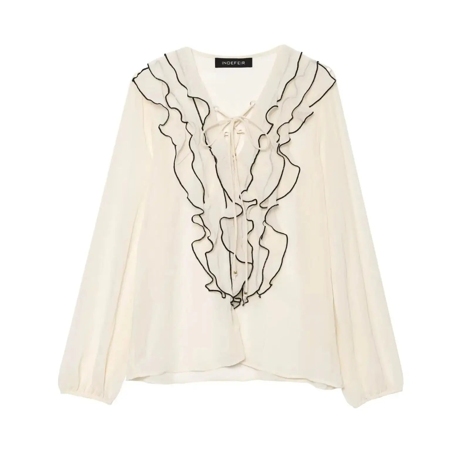 EDSA Women Vintage Semi-sheer Blouse with Ruffles Trims with Drawstring V-neck Long Sleeves Elasticated Cuffs Summer Shirt Tops