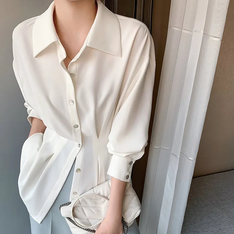 Elegant Women Shirts Woman Waist Long Sleeve Lapel Single Breasted Sashe Shirt Office Lady Business Pleated Ruched Blouses Tops